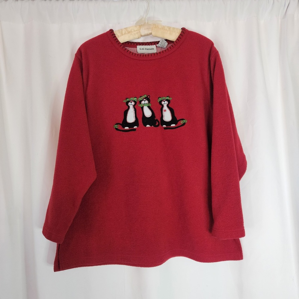 Vintage Ugly Christmas Sweater Embroidered Cats Womens 1X Sweatshirt Fleece‎